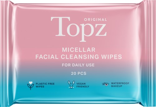 Pink and blue packaging of Topz facial cleansing wipes, 20 pieces, waterproof, vegan, plastic-free, and suitable for daily use.