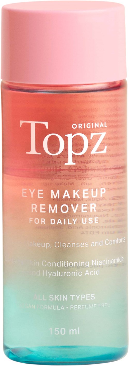 A pink and blue bottle of Topz Eye Makeup Remover for daily use, with conditioning ingredients. Contains 150 ml.