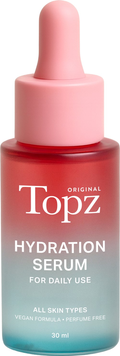 A bottle of Topz Hydration Serum with a pink dropper cap, designed for daily use on all skin types.