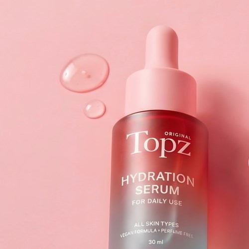 Pink bottle of Topz Hydration Serum with droplets on a pink background. Suitable for all skin types, vegan, perfume, and cruelty free.