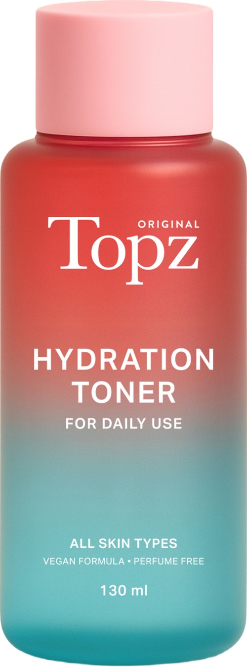 A bottle of Topz Hydration Toner for all skin types, 130 ml, vegan and perfume free.
