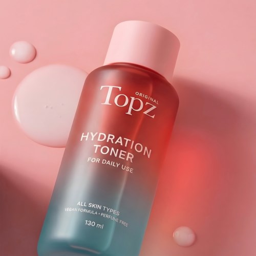 Pink and blue bottle of hydration toner, with water drops and cream spots on pink background.