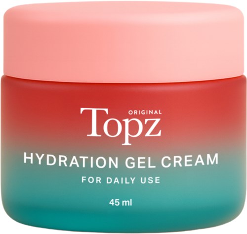 A jar of Topz Hydration Gel Cream in pink, green, and red colors, labeled for daily use, 45 ml.