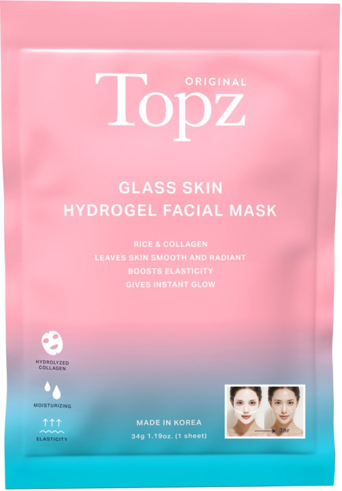 Pink and blue packaging for a face mask with a small before and after photo, highlighting skincare benefits.