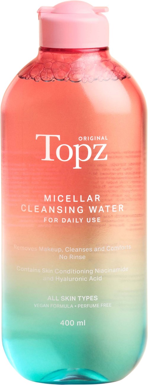 A bottle of Topz micellar cleansing water, pink and blue gradient, 400 ml for daily face cleaning.