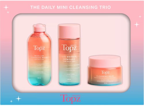 Three skincare products in pink and gradient containers, labeled for cleansing and makeup removal, from Topz brand.
