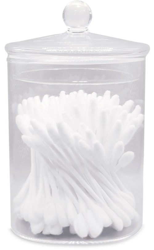 A clear jar filled with many white cotton swabs, with a round lid on top.