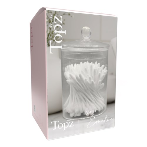 A box labeled 'Topz' shows cotton swabs in a glass jar with a lid, used for beauty or hygiene.