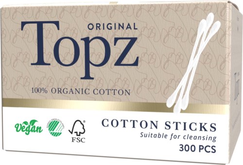 A box of 300 organic cotton sticks for cleaning, labeled vegan, FSC certified, and suitable for sensitive skin.