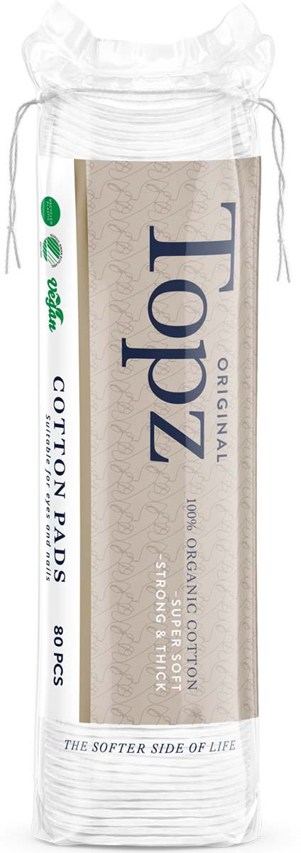 A package of Topz organic cotton cotton pads with 80 pieces, soft and gentle for skincare.