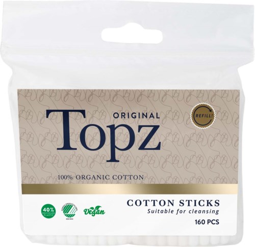 A white resealable bag with beige and navy blue text, holding 160 organic cotton cleaning sticks. Marked as vegan and refillable.