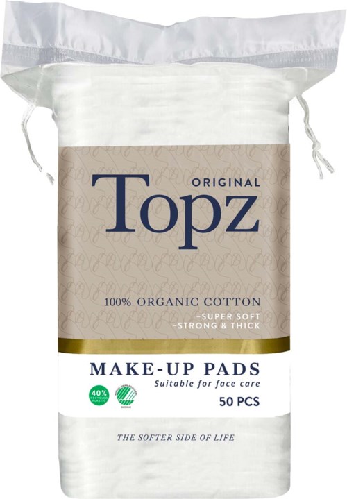 A bag of Topz makeup pads, 50 soft, thick, organic cotton pads for face care.