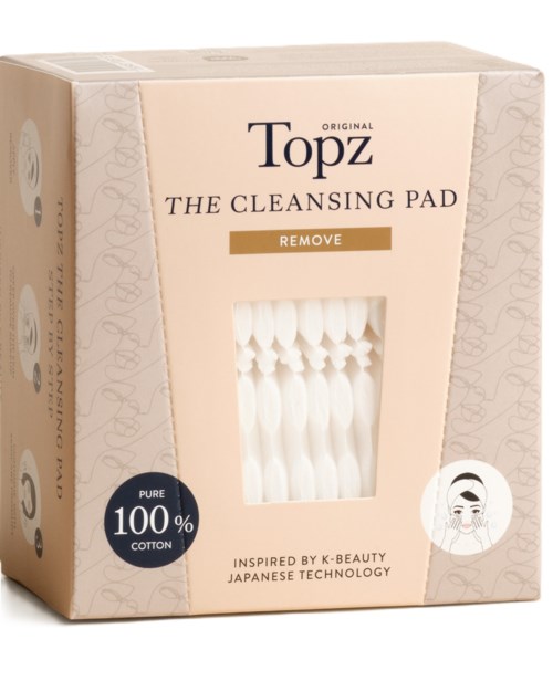 A beige box contains cotton cleansing pads with a clear window, showing the soft pads inside. Text mentions "Topz" and "100% cotton."