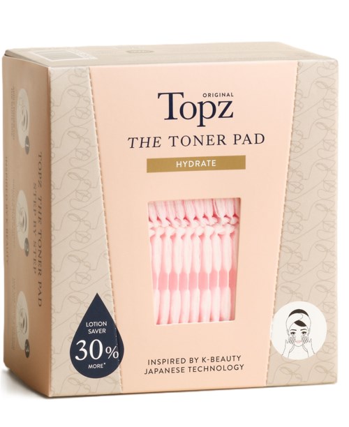 A box labeled 'Topz The Toner Pad Hydrate' containing pink cotton pads, with info about lotion saving and Japanese tech.