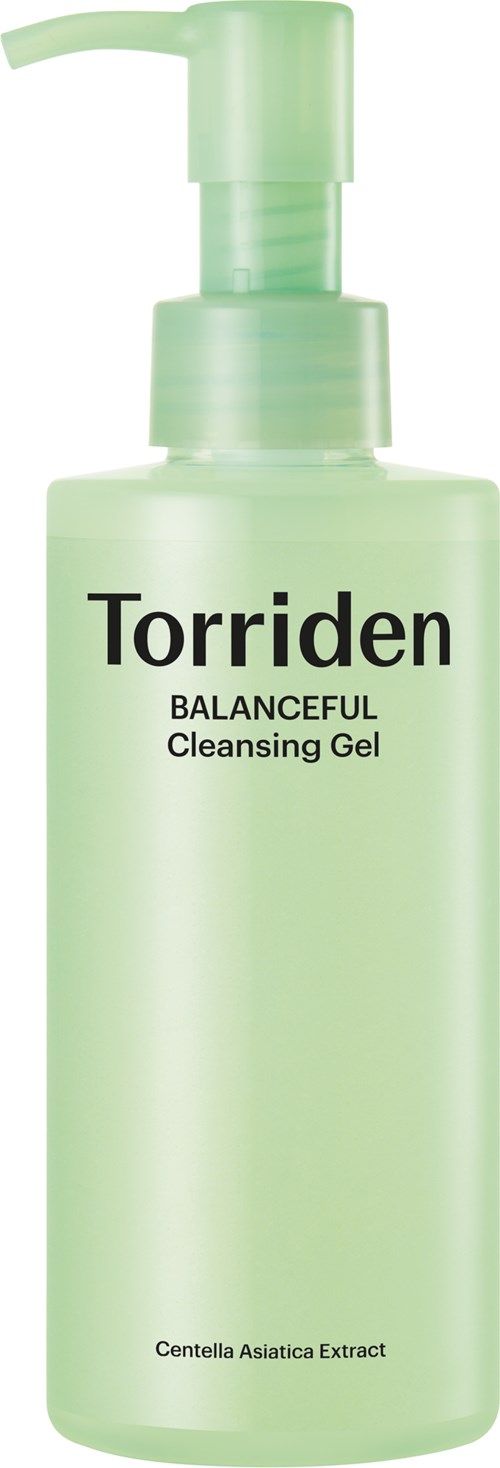 Eine hellgrüne Flasche mit Pumpkopf enthält Torriden Balanceful Cleansing Gel, mit einem Etikett, das Centella Asiatica Extrakt erwähnt.