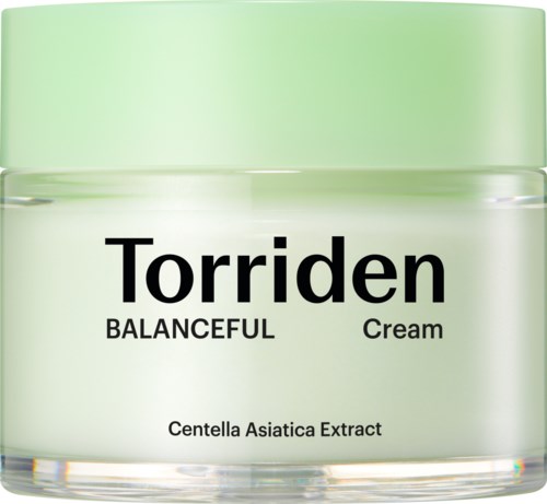 A light green jar labeled Torriden Balanceful Cream with Centella Asiatica Extract.