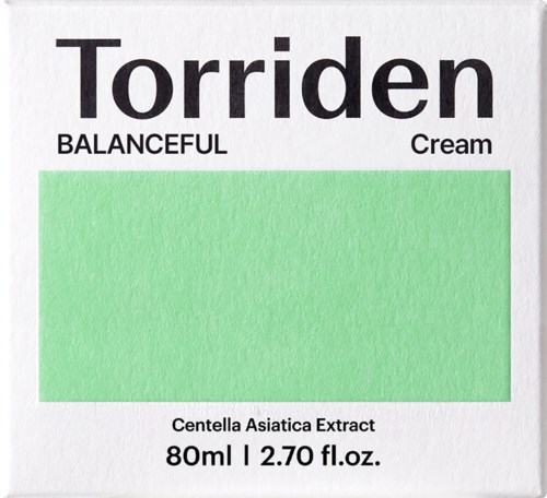 A skincare product named Torrido, labeled as BALANCEFUL Cream with Centella Asiatica Extract, 80ml. Bright green color patch.