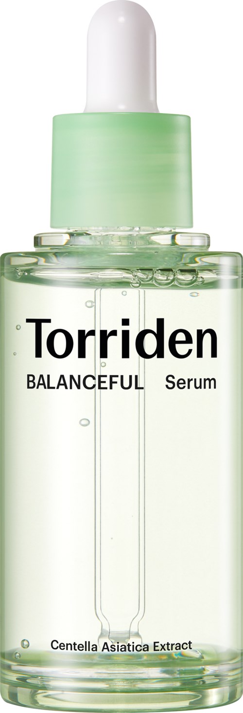 A clear glass bottle with a white dropper cap, labeled 'Torriden BALANCED Seru m,' contains a light green liquid.
