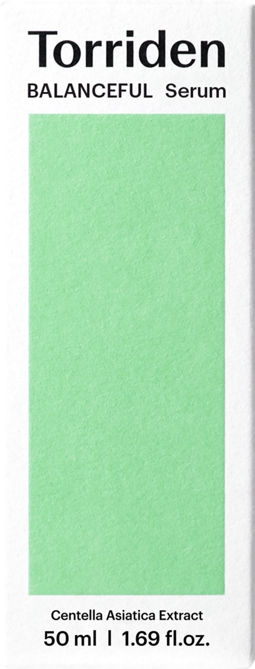A botanical serum product named Torriden, with a large green color block, and labels indicating ingredients and volume.
