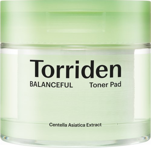 A green container with a black text label, showing a toner pad with extract for skin, named Torriden. 