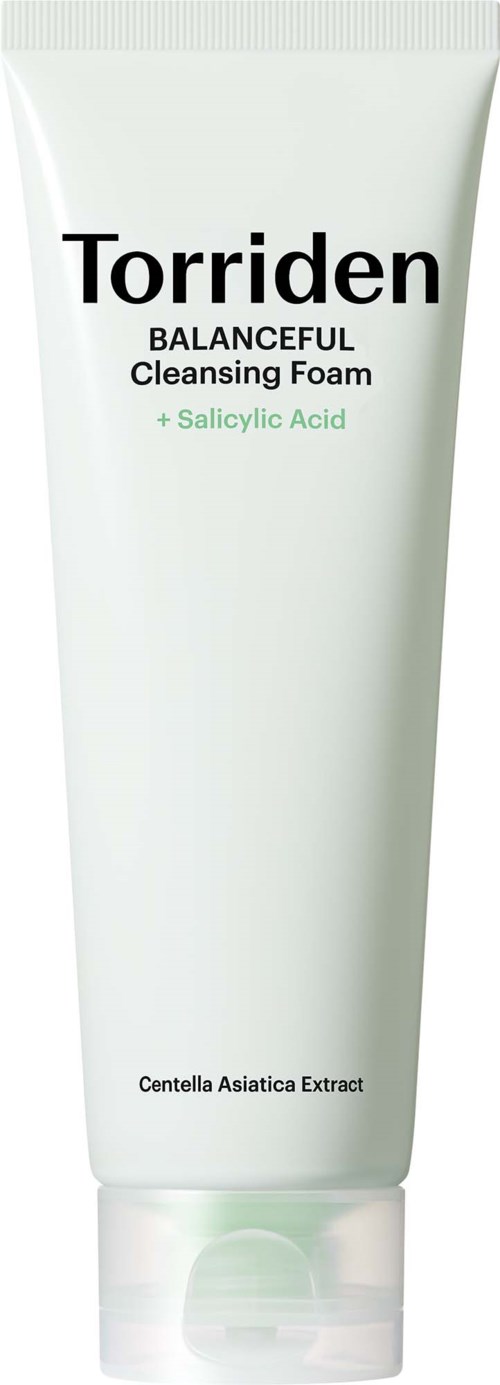 A white tube labeled 'Torriden Balanceful Cleansing Foam' with mentions of salicylic acid and Centella Asiatica extract.