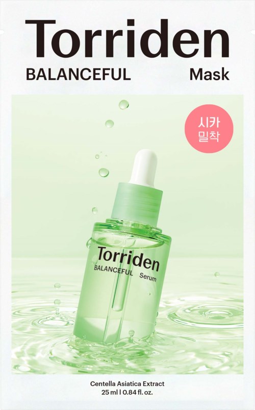 En grön serumflaska märkt Torriden Balanceful, med droppar och vågor i vattnet i bakgrunden, som främjar hudvård.