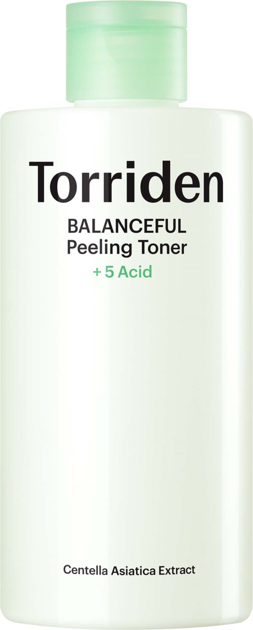 A white bottle of Torridoen balancing peeling toner with a green cap, containing 5 acid and extract of Centella Asiatica.