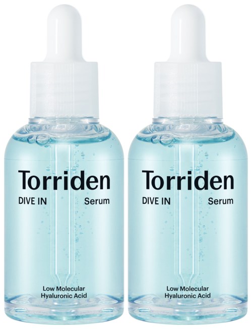 Two bottles of Torriden Dive In Serum with dropper caps, clear liquid, and blue labels.