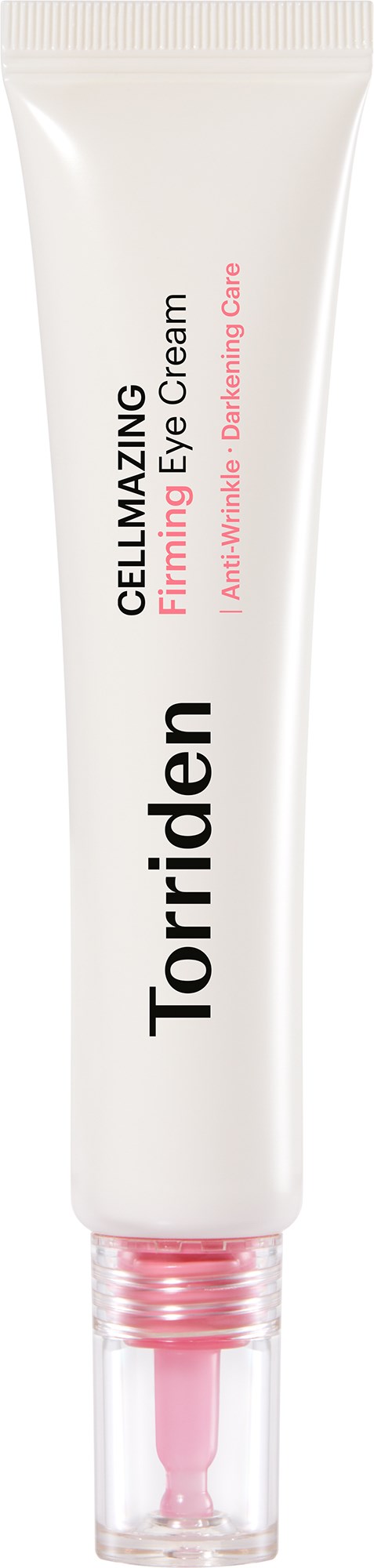 A white tube of eye cream with pink accents and a clear cap, labeled Torriden Cellmazing Firming Eye Cream.