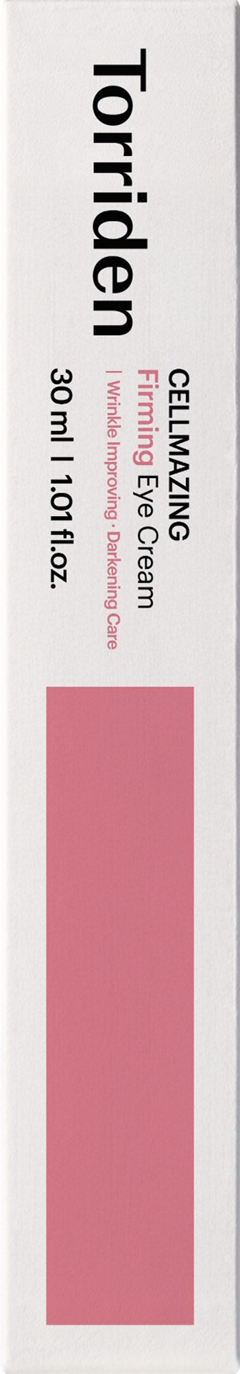 Label for a skincare product named Torfiden, a cell renewal firming eye cream in a white and pink tube.