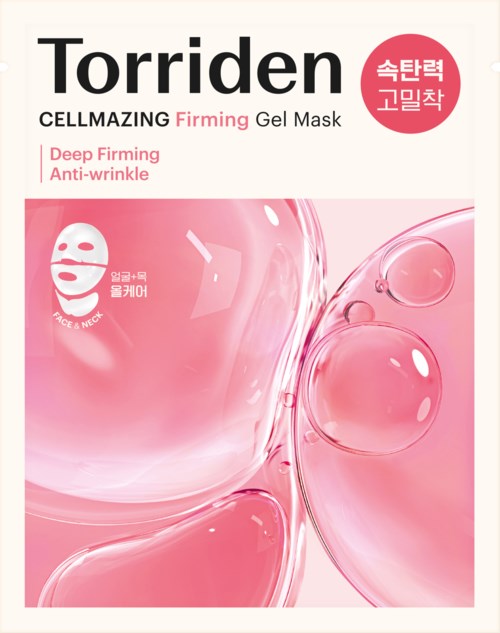 Ein pink-weißer Produktaufkleber für Torriden-Gesichtsmaske, hebt tiefes Festigen und Anti-Falten-Vorteile mit Gesichtssymbol hervor.