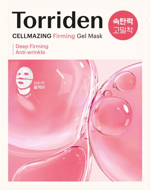 Torriden Cellmazing kiinteyttävä geelimaskin pakkauksen pinkeistä kuplista ja koreankielisestä tekstistä.