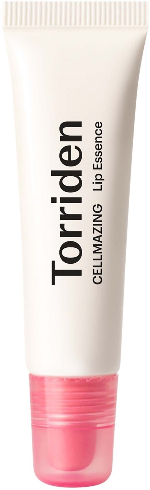 En vit tube med rosa lock som innehåller Torriden Cell-Emazing Lip Essence, märkt med svart text.