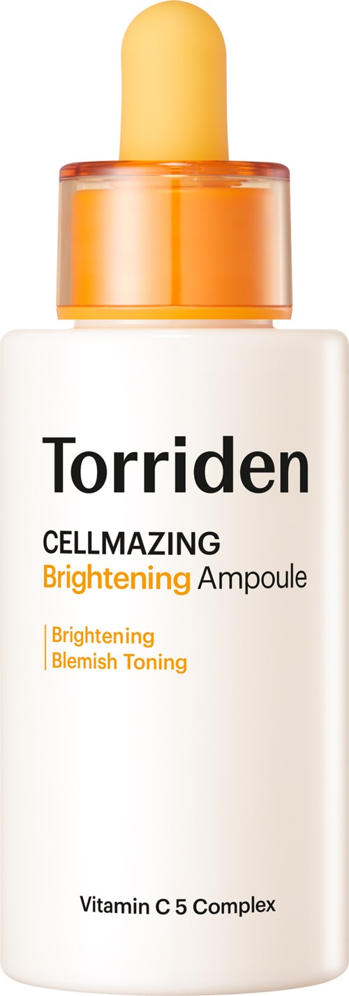 A white bottle with an orange cap and dropper. The label reads "Torriden Cellmazing Brightening Ampoule" with additional text.