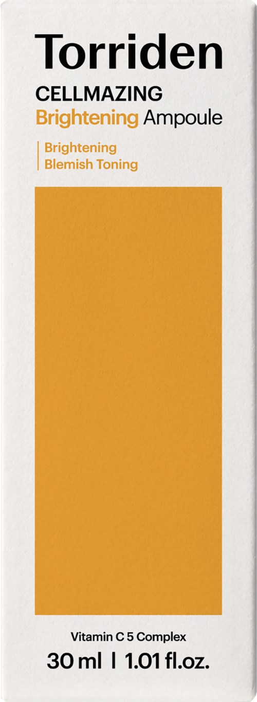 A skincare product box with the brand name Torriden, promoting a brightening ampoule with vitamin C. Contains 30 ml.