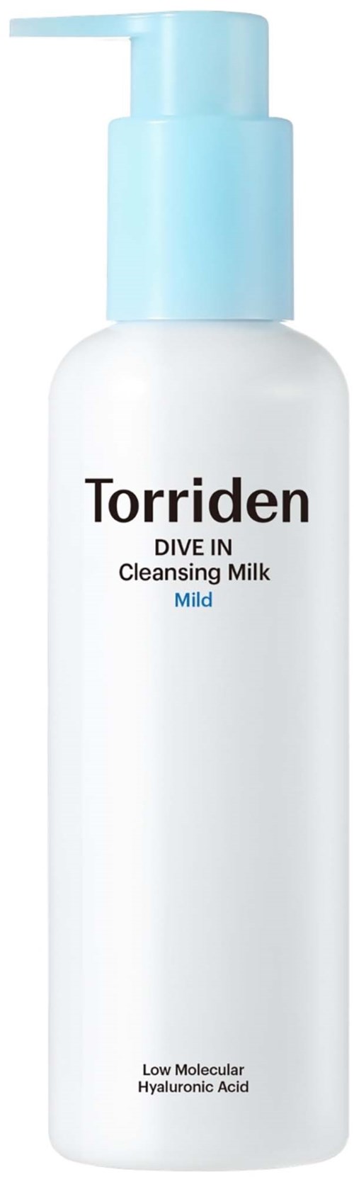 Rengjøringsmelkflaske med pumpe, hvit beholder og blå cap, merket Torriden Dive In Mild.