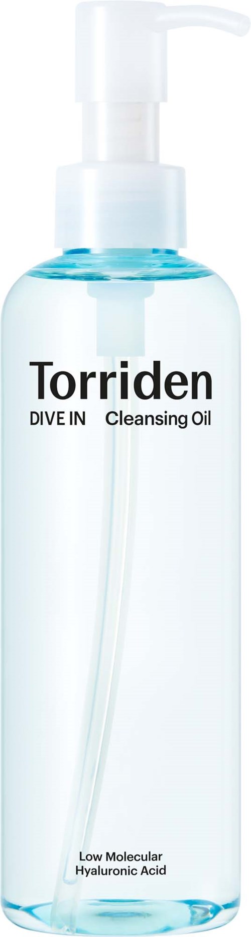 En klar flaske med pumpe, merket Torriden Dive In Cleansing Oil, inneholder et rensende produkt med lavmolekylær hyaluronsyre.