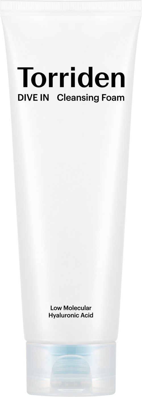 A white tube of Torriden Dive In Cleansing Foam, with black text and a clear cap.