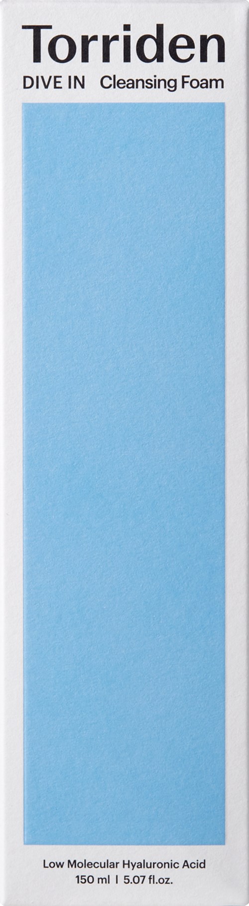 A tall box with a blue sponge inside, labeled 'Torriden Dive In Cleansing Foam' for skin cleaning.