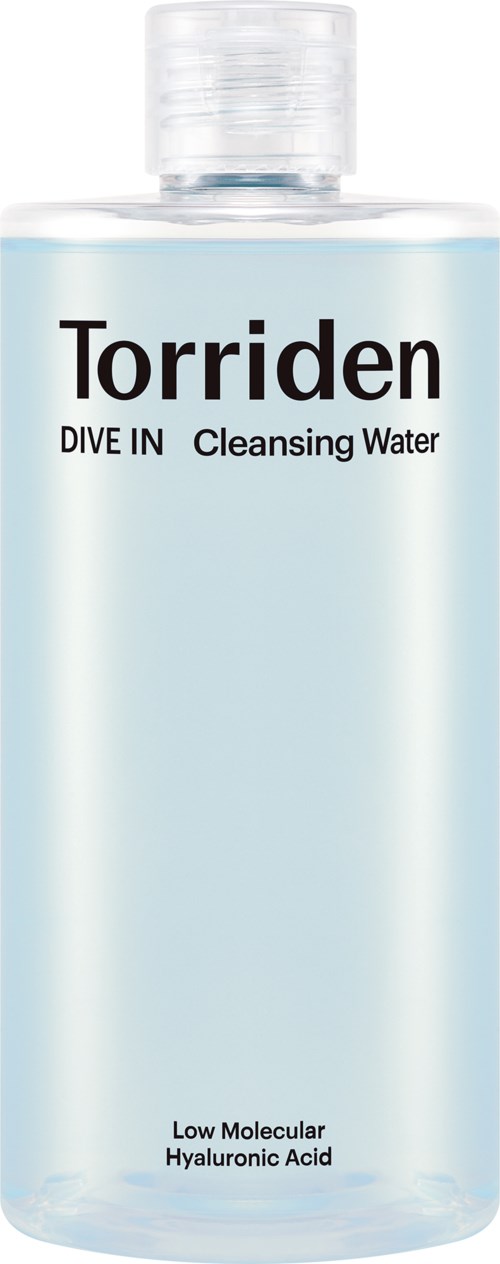 Eine klare Flasche mit Aufschrift Torriden Dive In Cleansing Water und weißem Verschluss, enthält Wasser und Hyaluronsäure.