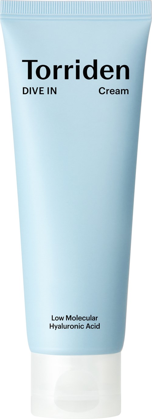 A light blue tube of Torriden Dive In Cream with black text, stating its ingredients and purpose.