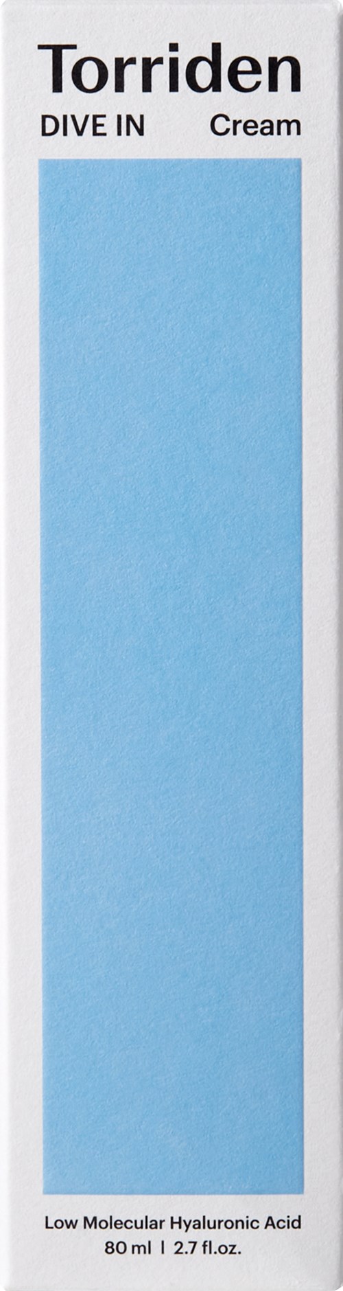 A tall, rectangular package labeled 'Torriden' with 'DIVE IN' and 'Cream' written on it, and light blue in color.