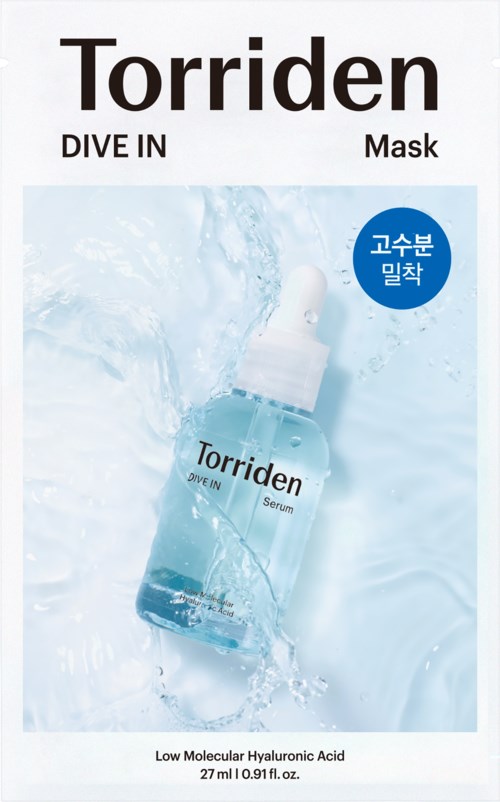 A beauty serum bottle labeled 'Torriden' floating in water, with words 'Dive In' and 'Mask', and some Korean text.