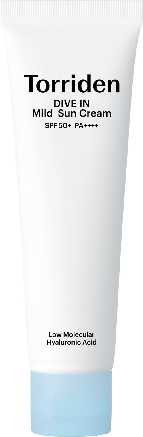 White tube with black text, labeled 'Torriden Dive In Mild Sun Cream,' SPF 50+ and hyaluronic acid.