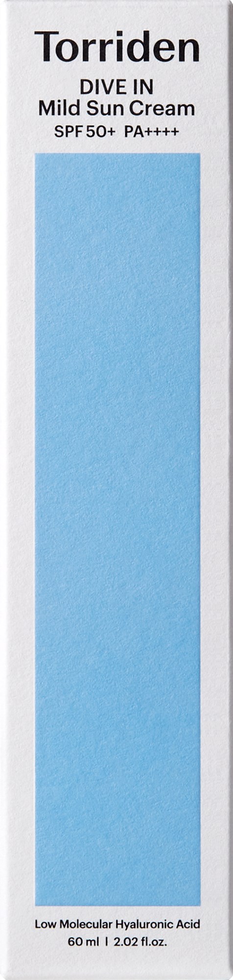 A vertical box with blue and white colors, labeled 'Torriden', sunscreen, SPF 50+, PA++++, and skincare information.