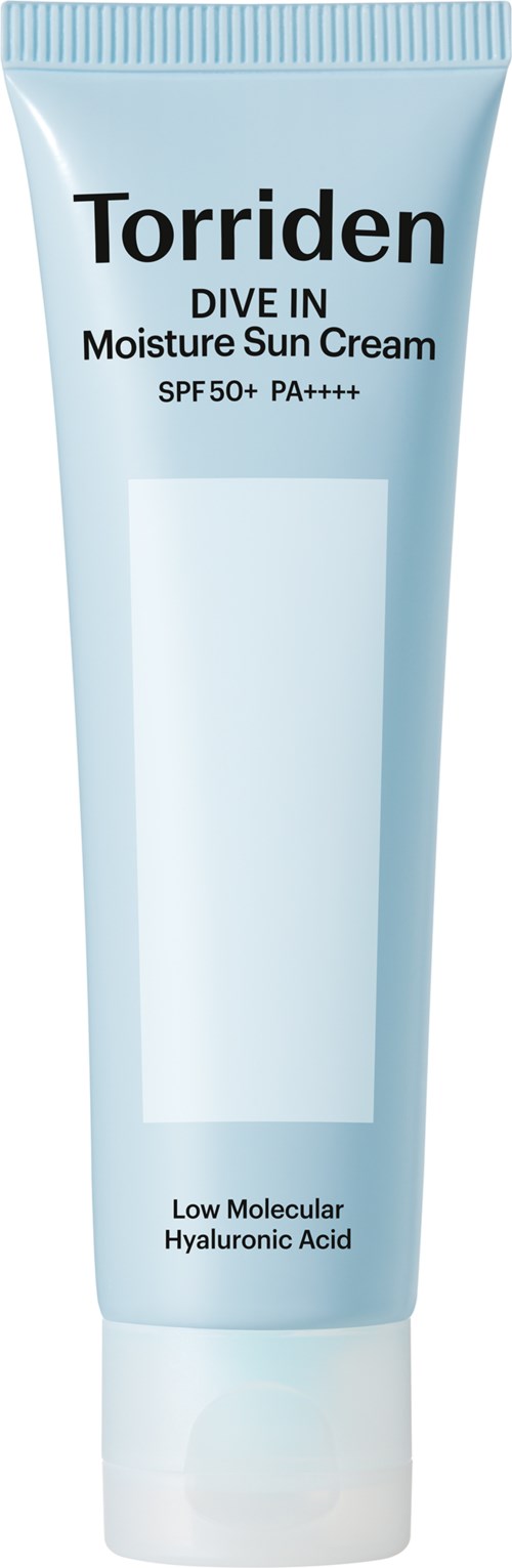 A light blue tube of sunscreen with black text, labeled Torriden Dive In Moisture Sun Cream, SPF50+.