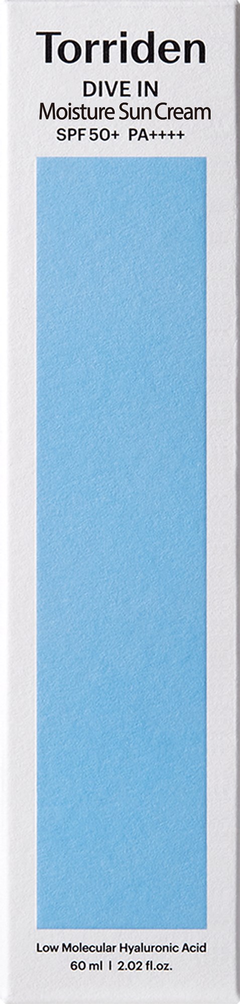 A white box with blue label for Torriden Dive In Moisture SunCream, SPF 50+, PA++++.