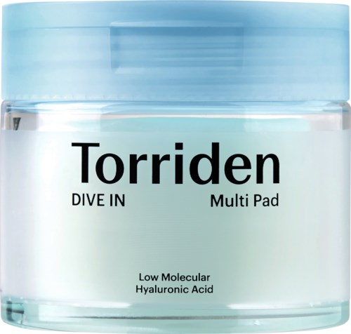 A jar labeled 'Torriden Dive In Multi Pad' with a light blue lid and white container. Contains hyaluronic acid.