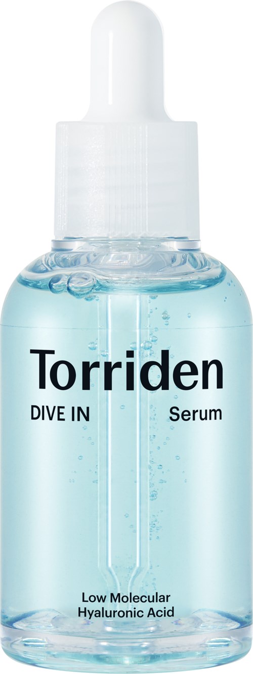 A small clear bottle with a dropper contains blue liquid labeled Torriden Dive In Serum, with hyaluronic acid.