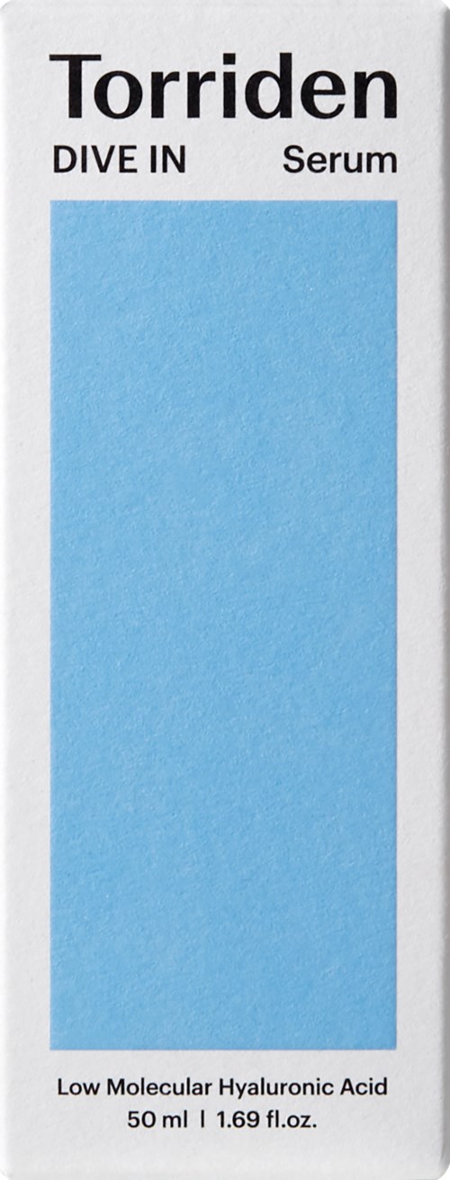 A skincare product labeled as Torriden Dive In Serum with blue packaging, containing hyaluronic acid, 50 ml.